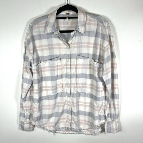 Free People LoveLand Pastel‎ Plaid Button Down Frayed Hem Boho Shirt Small - Picture 1 of 9